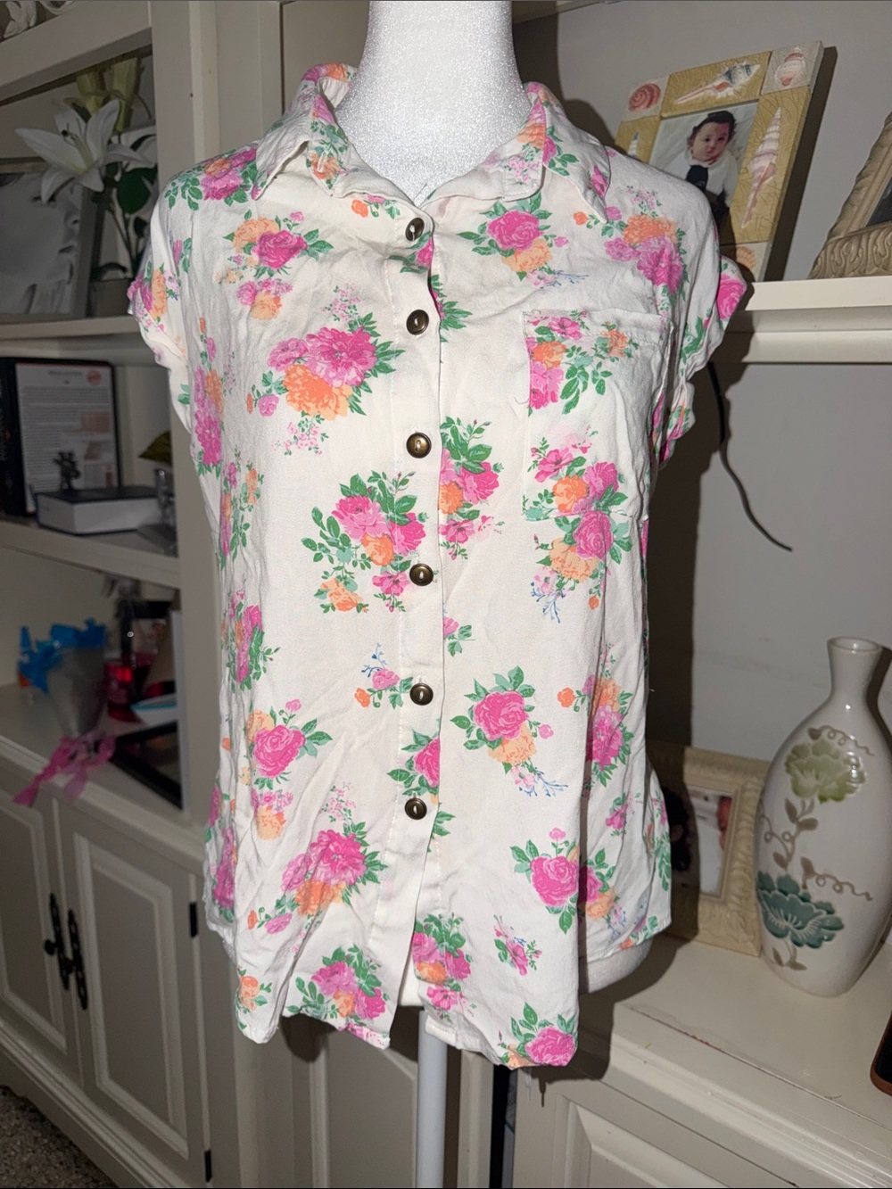 No Boundaries Cream Floral Button-Up Girls' Top with Pink and Orange Roses